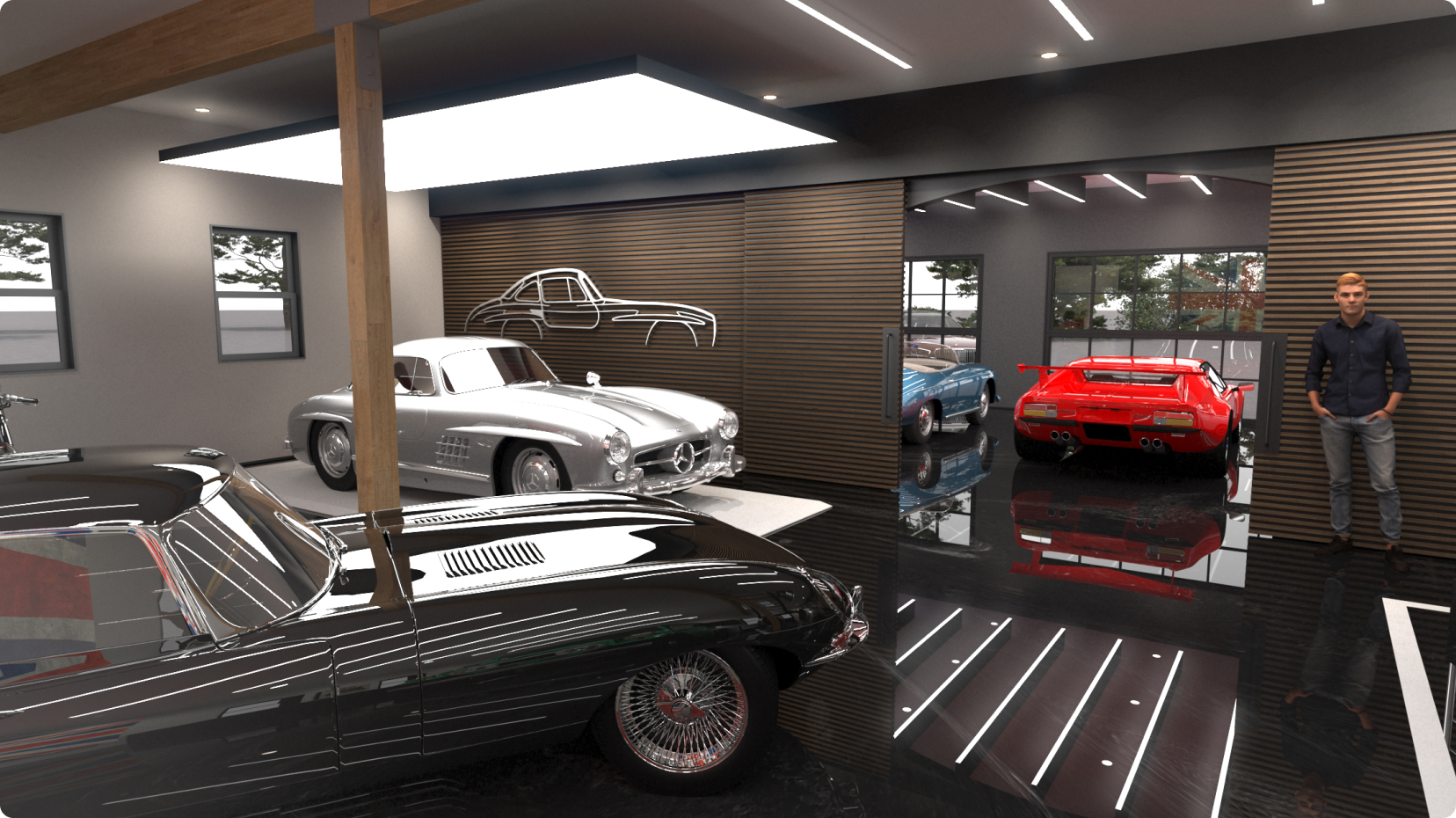 Three vintage cars in an elegant luxury garage